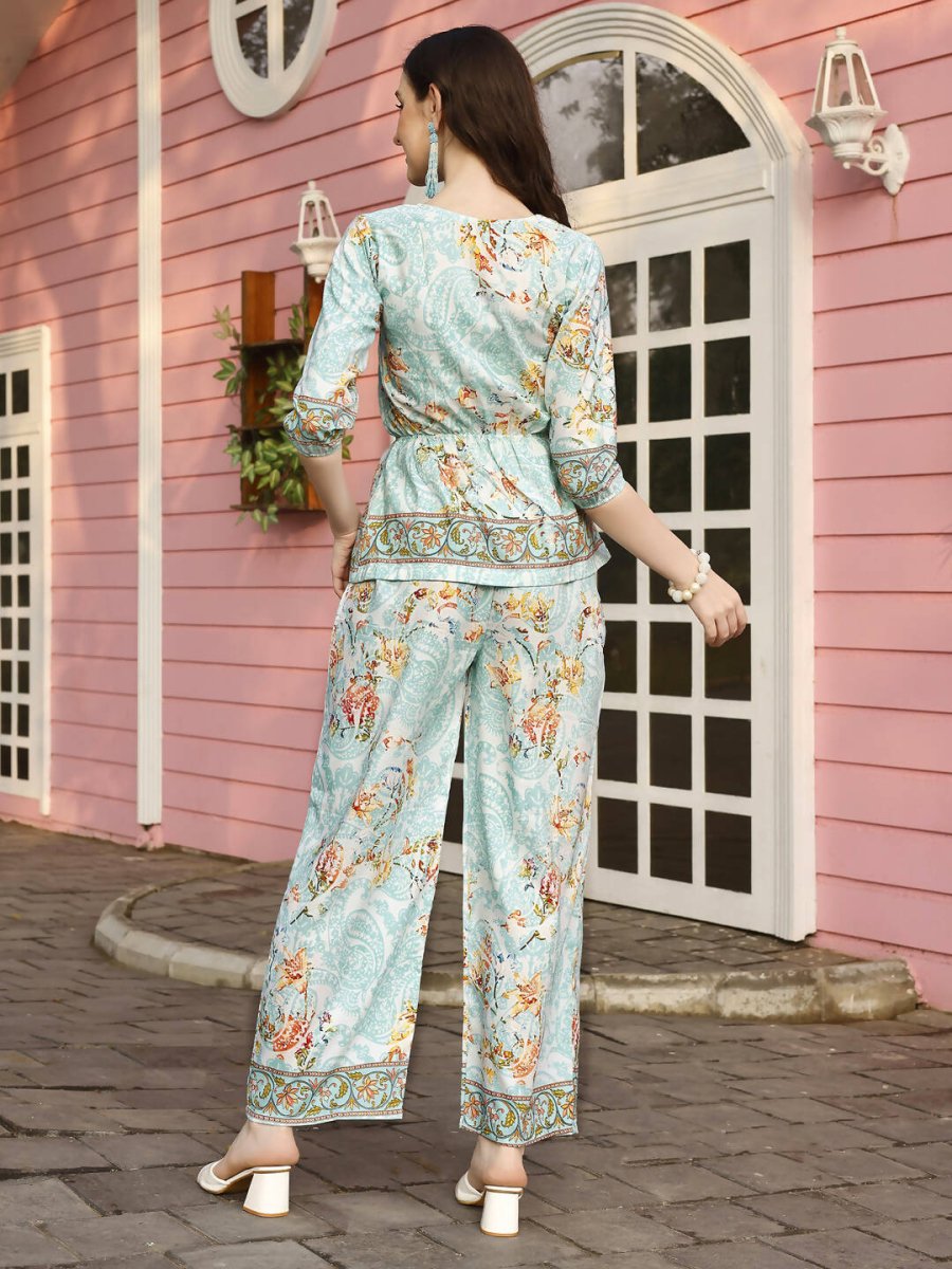 Aqua Blue Rayon Paisley & Floral Printed Top with Matching Bottom - Eesha | Grocsy