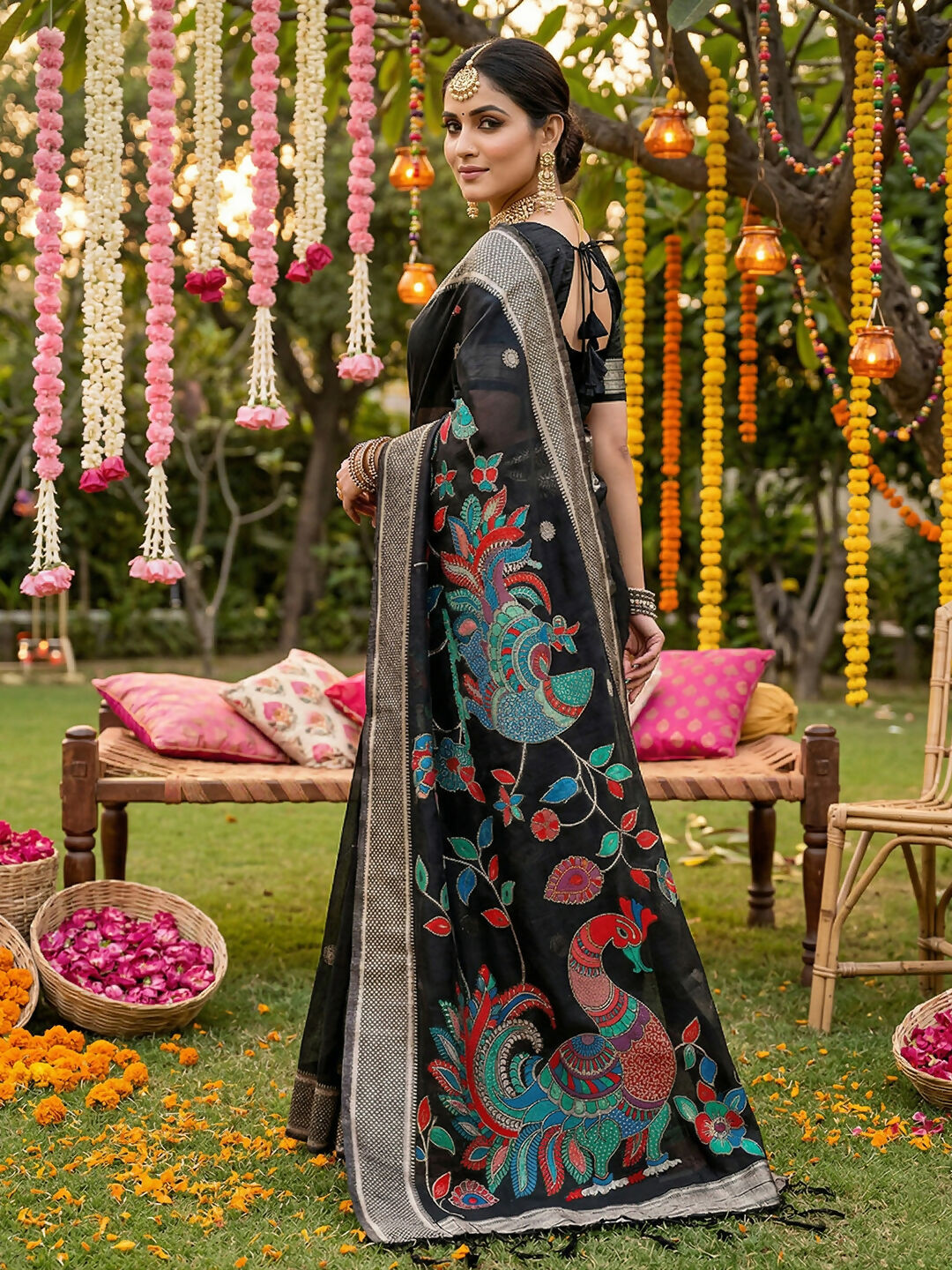 Shree Shyam Fashion Black Linen Cotton Saree | Grocsy