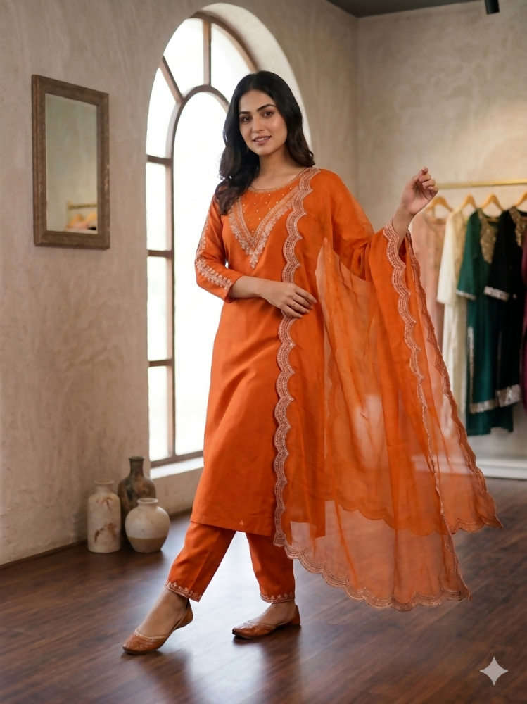 Teeya Creation New Womens Orange Straight Cut Kurta Set with Scalloped Embroidered Organza Dupatta Set | Grocsy