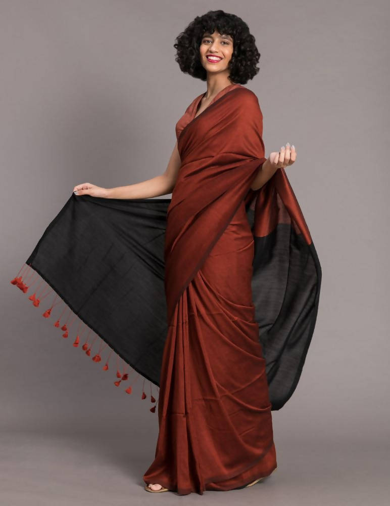 Suta Rust Brown Black Cotton Blend Colourblocked Saree | Grocsy