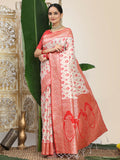 Shree Shyam Fashion Linen Cotton Red & White Saree | Grocsy