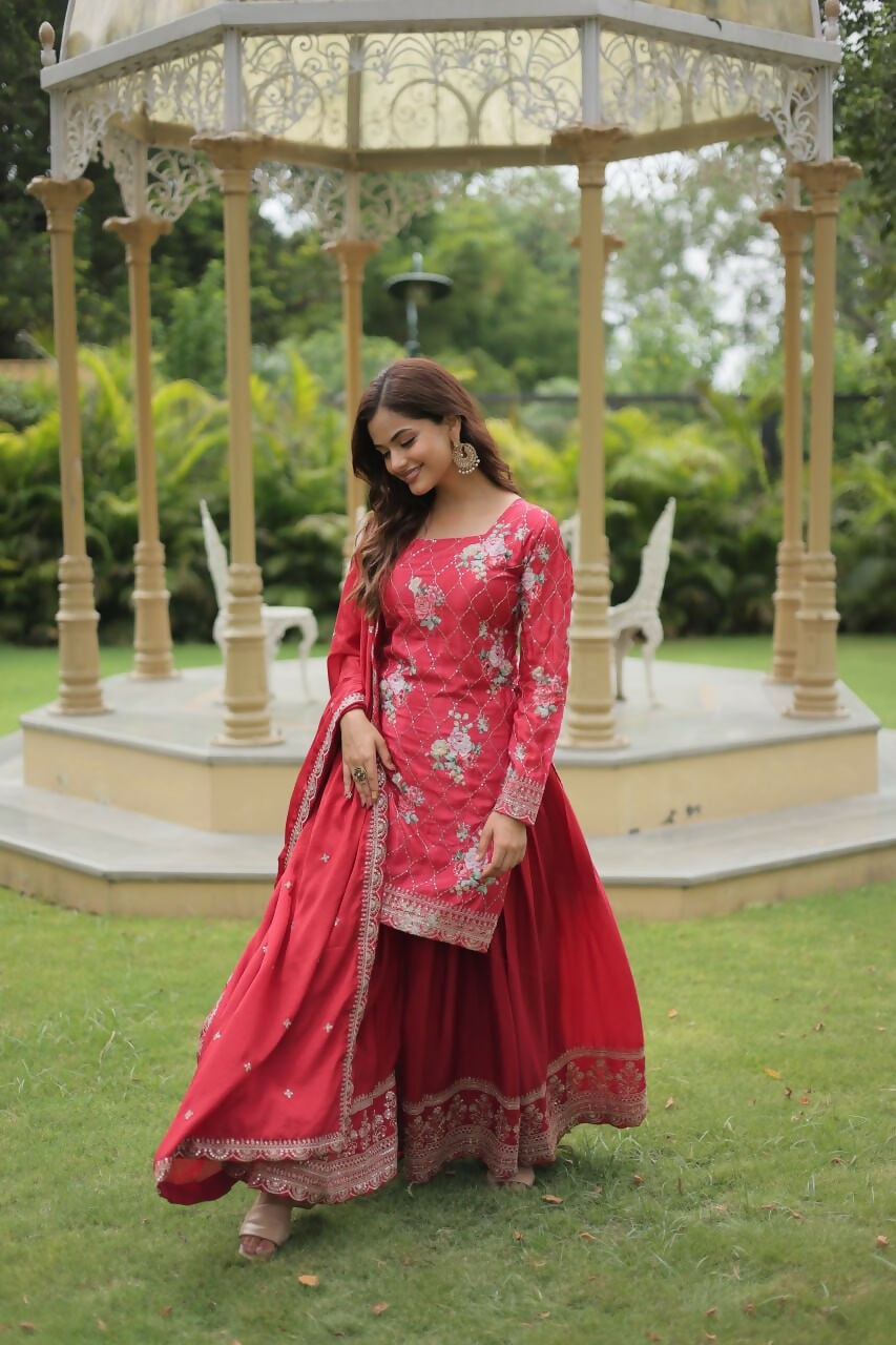 Vastranavya Premium Designer Printed With Sequins & Thread Embroidered work Kurti Palazzo & Dupatta - Red | Grocsy