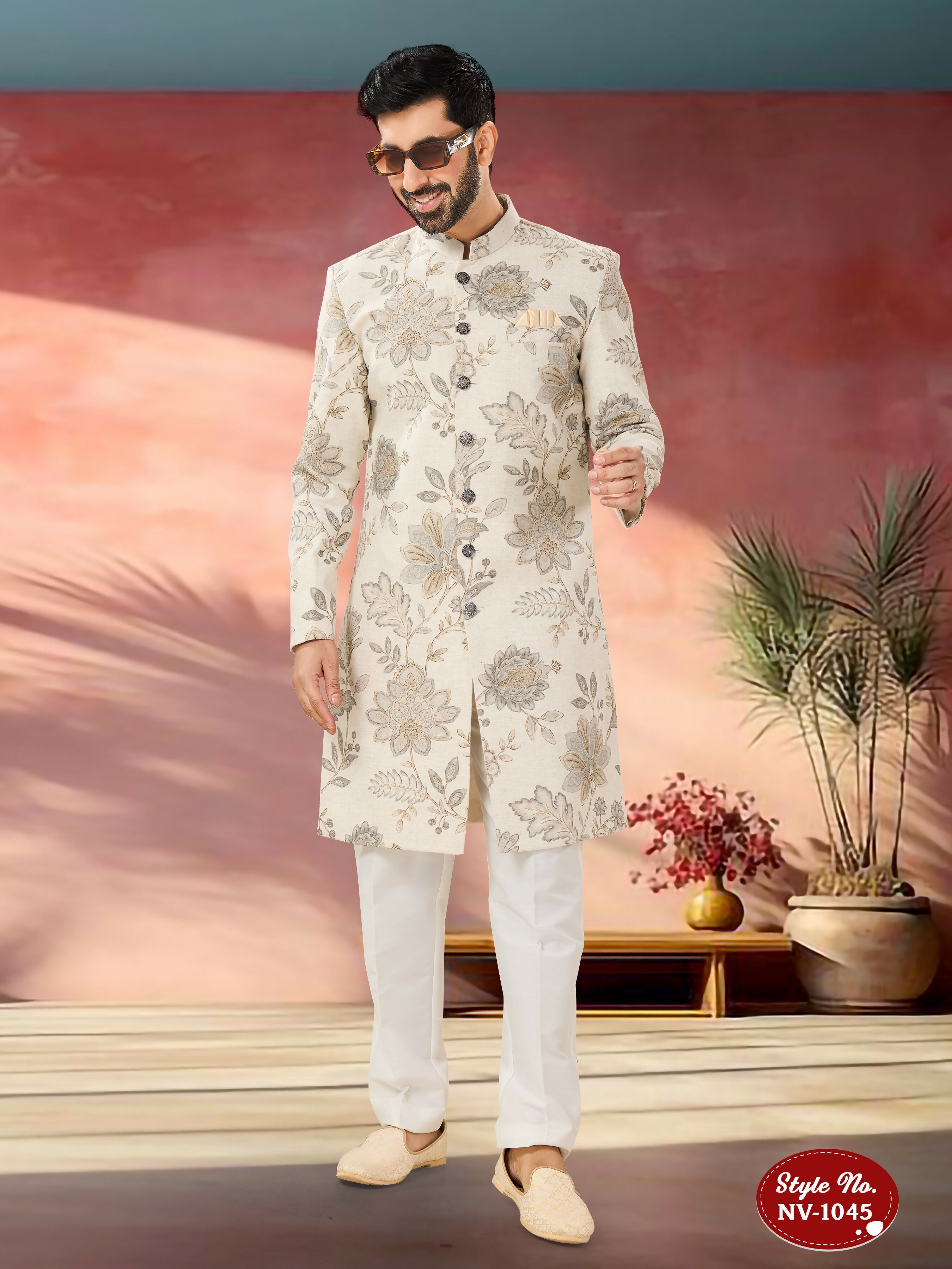 Joban Fashion Men's Beige Base Straight Swed Velvet Self-Design In Fabric Indo-Western Kurta Set | Grocsy