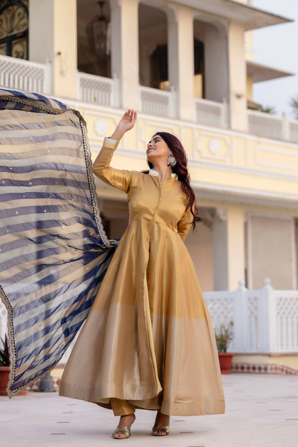 Teeya Creation Multi Color Pure Banarasi Viscose Wedding Wear Long Gown | Grocsy