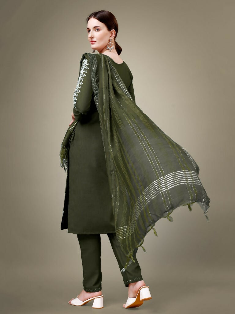 Jyoti Fashion Women's Dark Green Cotton Blend Embroidery & Sequence work Kurta with Trouser & Dupatta | Grocsy