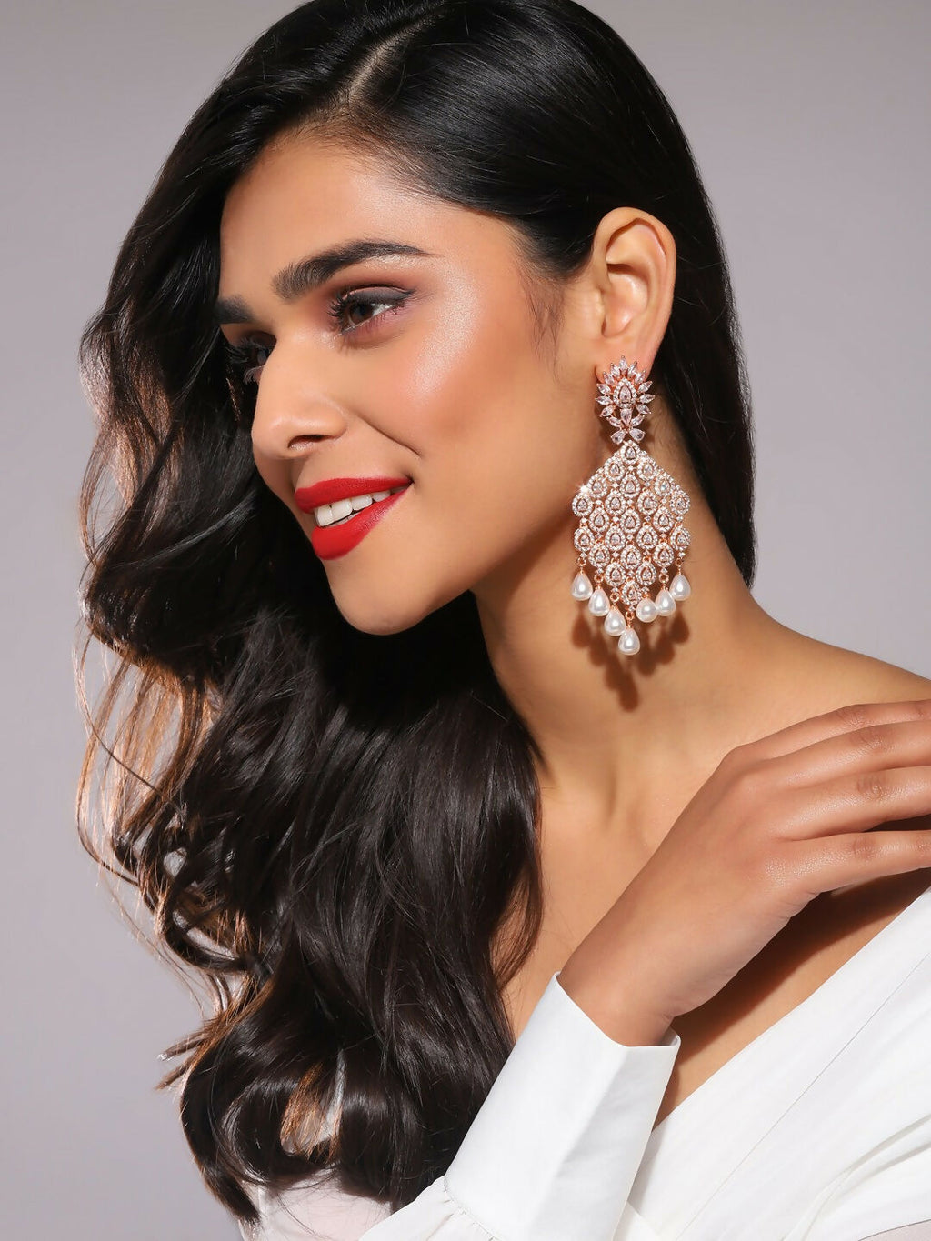Rose Gold Long Earrings with Pearl Drops- Ruby Raang | Grocsy