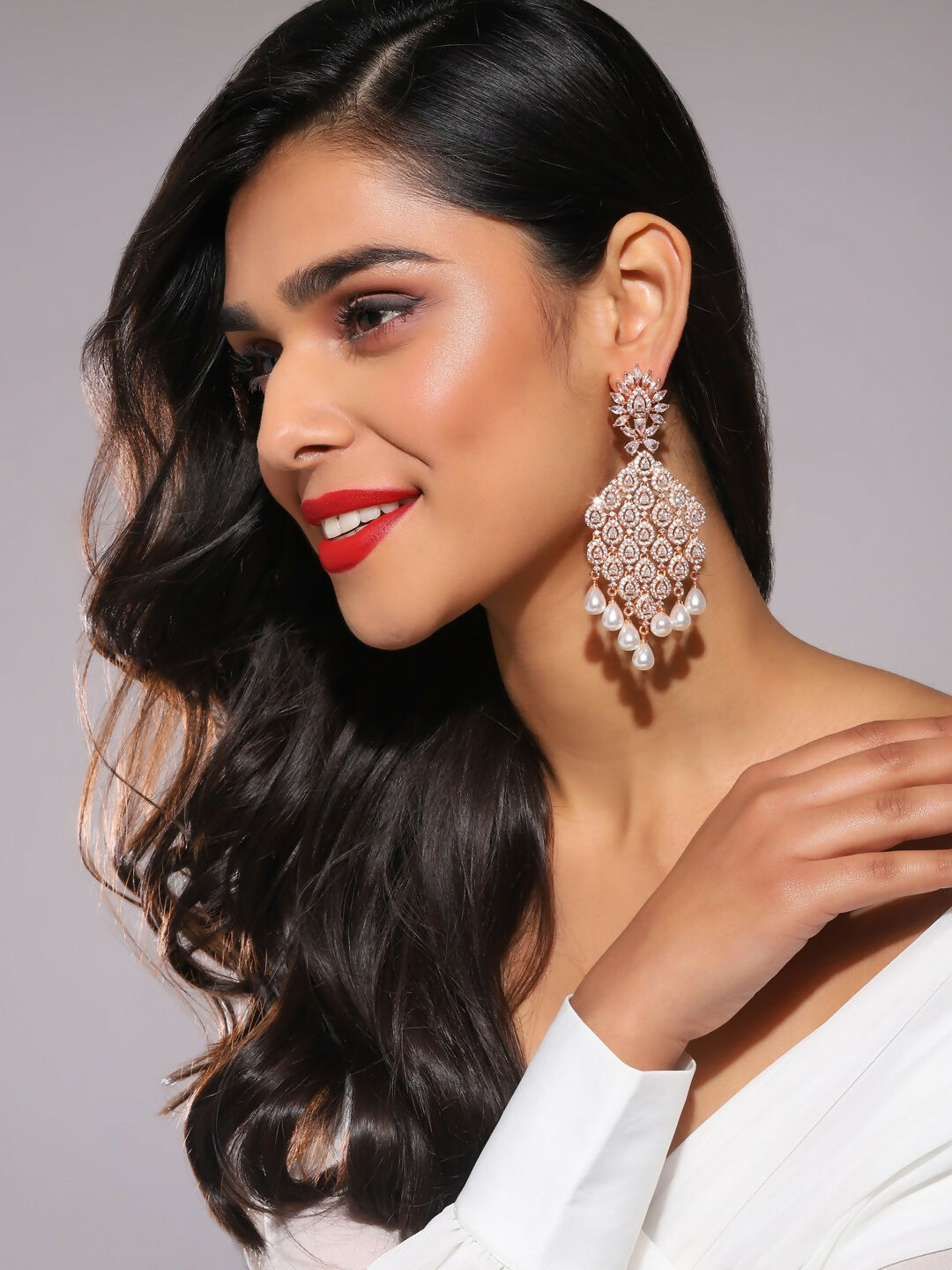 Rose Gold Long Earrings with Pearl Drops- Ruby Raang | Grocsy
