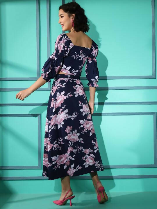 Blue Crepe Floral Printed Top with Matching Skirt - Shivani | Grocsy