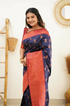 DEIANA'S Beautiful Designer Golden zari Soft Lichi Silk Saree - Blue | Grocsy