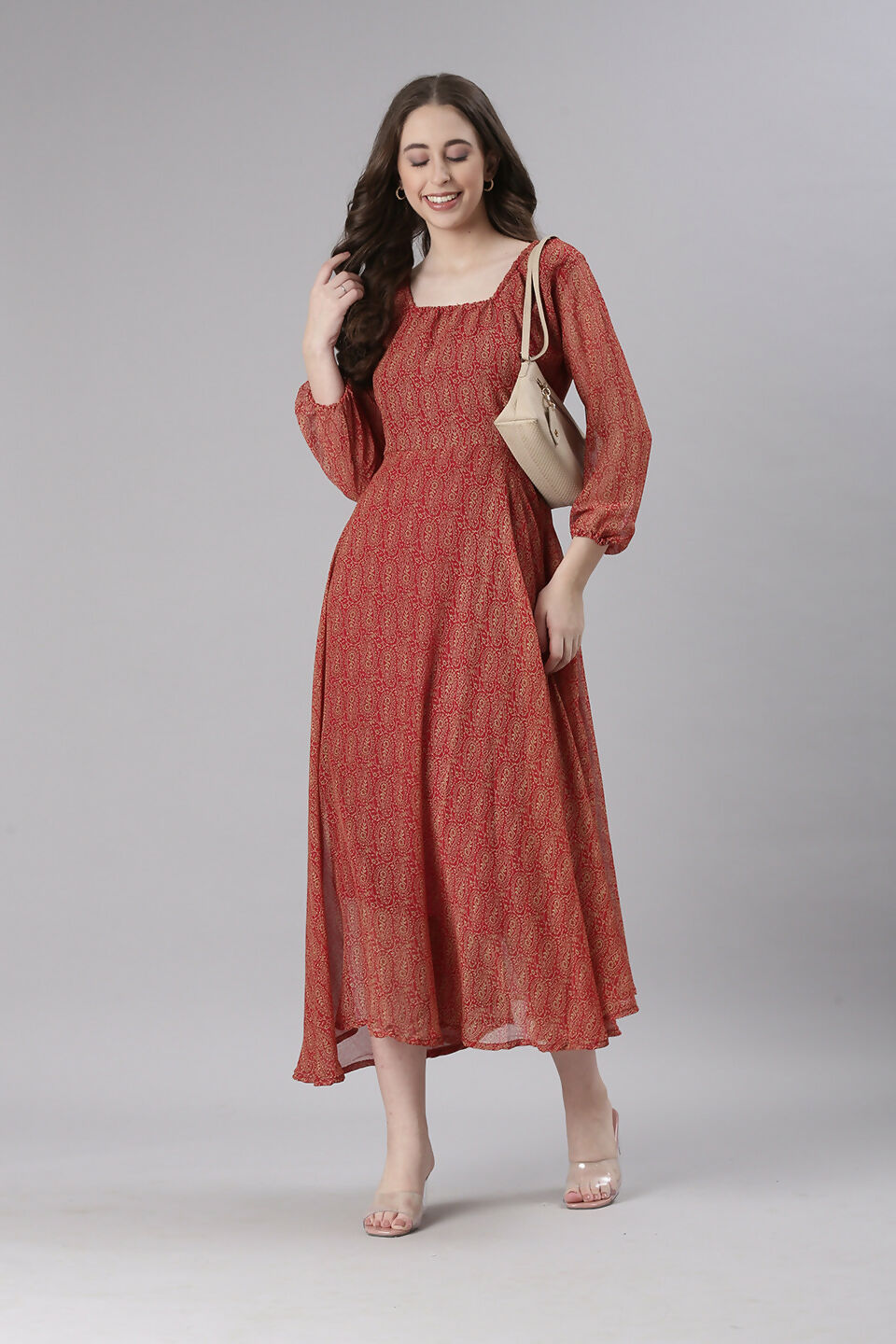Souchii Rust Orange Printed Fit & Flare Dress | Grocsy