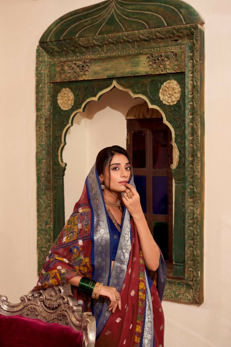 Vastranavya Maroon Poly Cotton Kalamkari Printed Saree with Unstitched Blouse | Grocsy