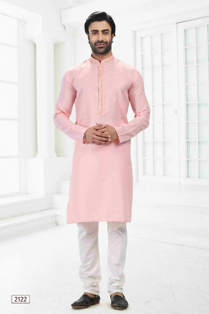 Raivat Ethnic Linen Cotton Thread Work Kurta Pajama In Pink Colour | Grocsy