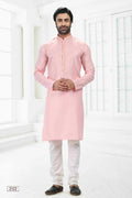 Raivat Ethnic Linen Cotton Thread Work Kurta Pajama In Pink Colour | Grocsy