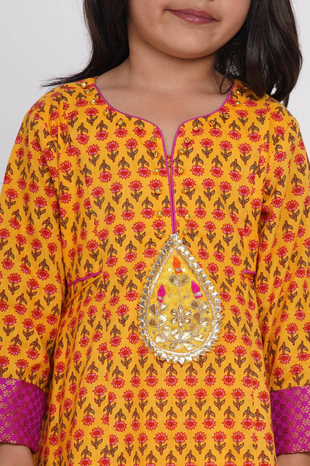 Little Bansi Girls Cotton Kurta frock with booti work,Sharara & Dupatta - Yellow | Grocsy
