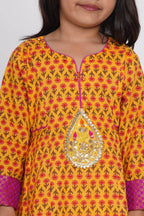 Little Bansi Girls Cotton Kurta frock with booti work,Sharara & Dupatta - Yellow | Grocsy