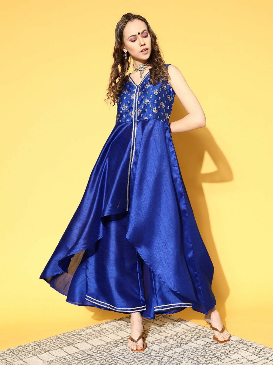 Ahalyaa Women Royal Blue Colour Poly Silk Printed Kurta Palazzo Set | Grocsy