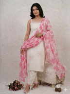 Teeya Creation Women’s Straight Cotton Kurta Pant Set with Floral Organza Dupatta Set | Grocsy