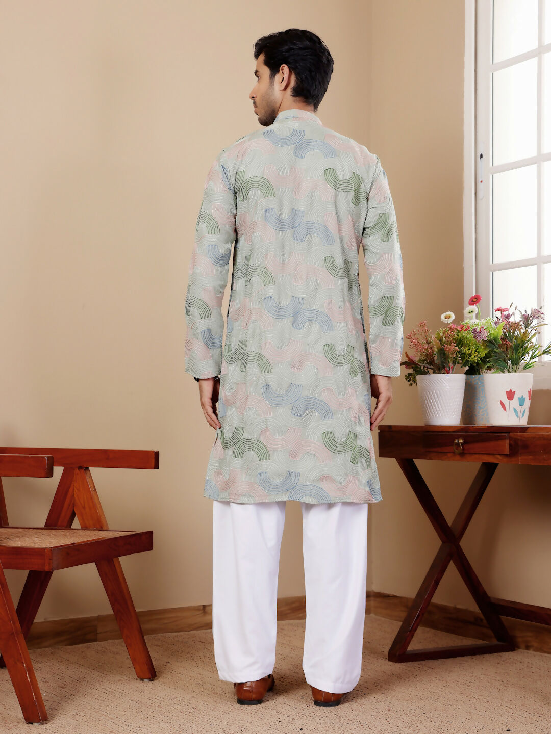 Pistel Green Linen Designer Embroidery Work Men's Rajwadi Kurta Set - Mahotsav | Grocsy