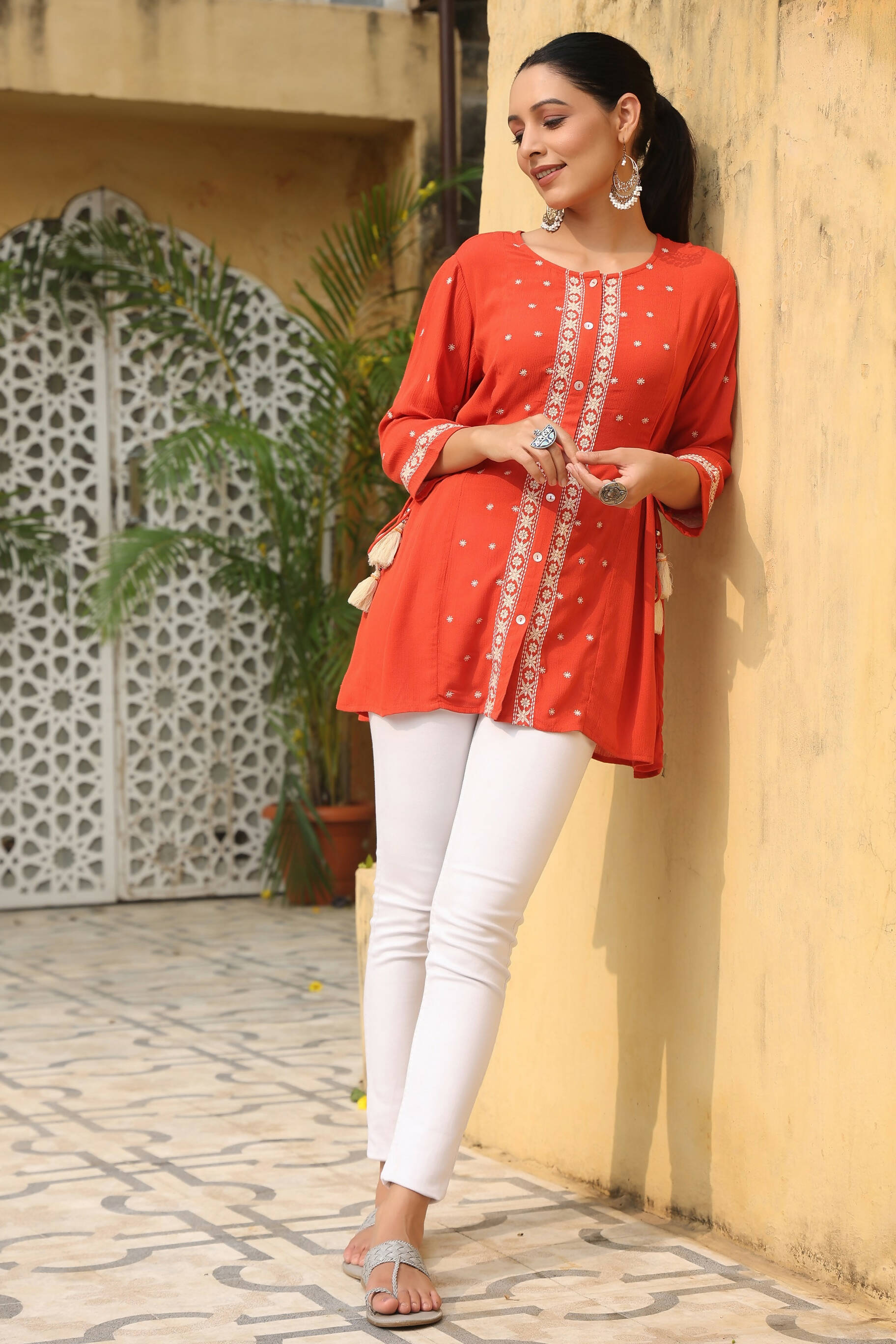 Juniper Women's Orange Rayon Crepe Embroidered Tunic | Grocsy