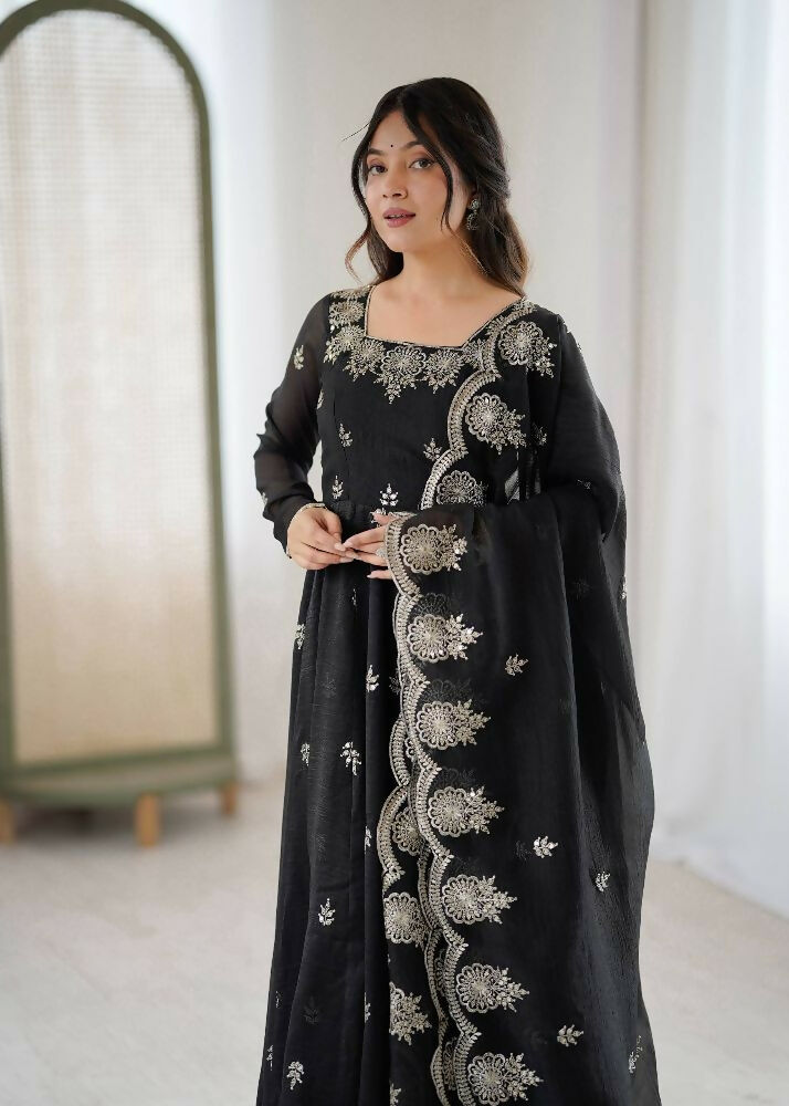 Teeya Creation Black Color Crunchy Silk Embroidery Work Wedding Wear Gown | Grocsy