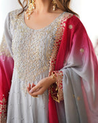 The52 Women's Beautiful Chinon silk Fabric Embroidery Work Straight Kurta Palazzo and Dupatta Set | Grocsy