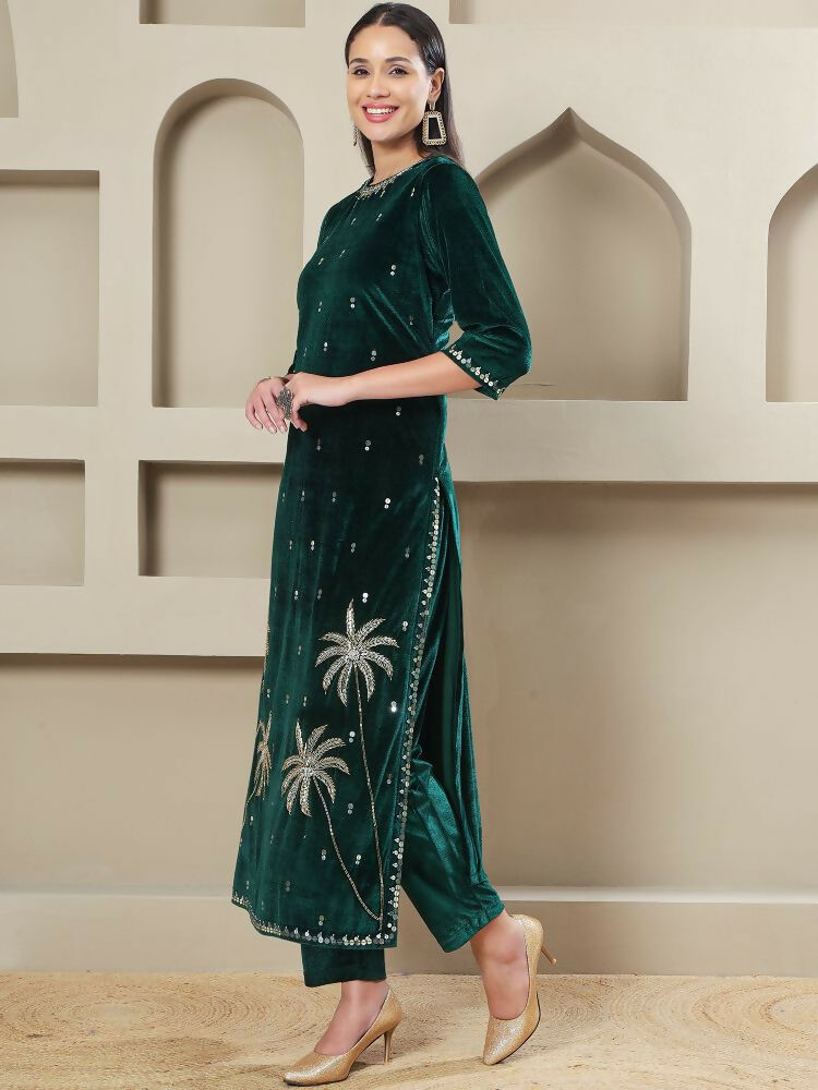 Joban Fashion Women Green Velvet Hand Embellishment Stitched Kurta Set | Grocsy