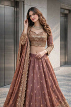 Teeya Creation Onion Color Fendy Satin Heavy Embroidery Work Wedding Wear Stitched Lehenga Choli | Grocsy