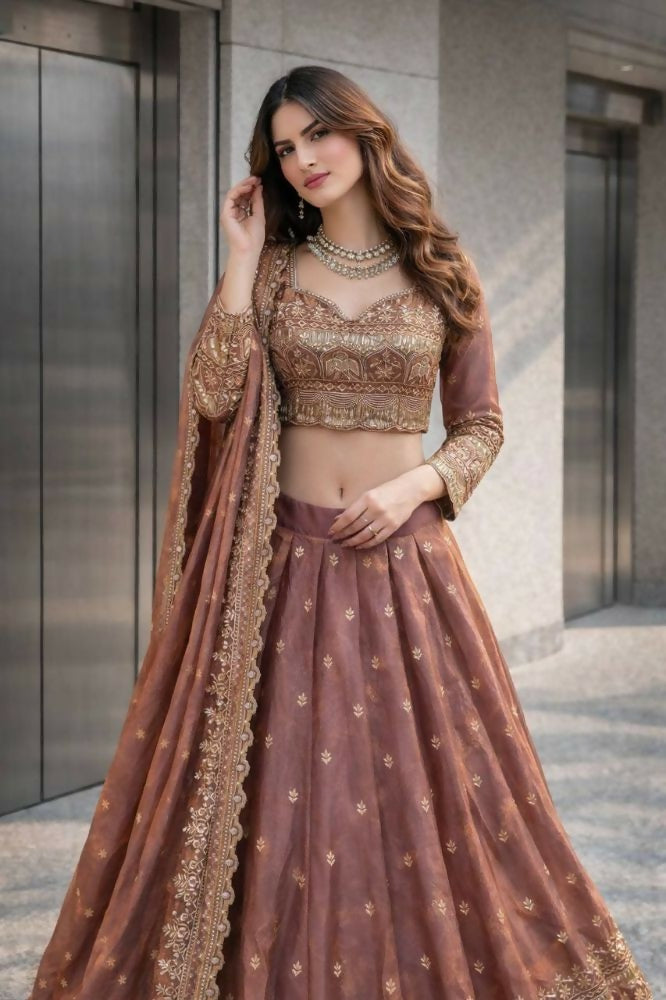 Teeya Creation Onion Color Fendy Satin Heavy Embroidery Work Wedding Wear Stitched Lehenga Choli | Grocsy