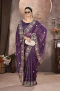 Vastranavya Gold Crunchy Multi Colour Threads Embroidery Work with Sequins Work Saree with Blouse material - Purple | Grocsy