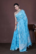 Morchari Sky Blue Cotton Chanderi Embroidery Saree Unstitched Blouse | Grocsy
