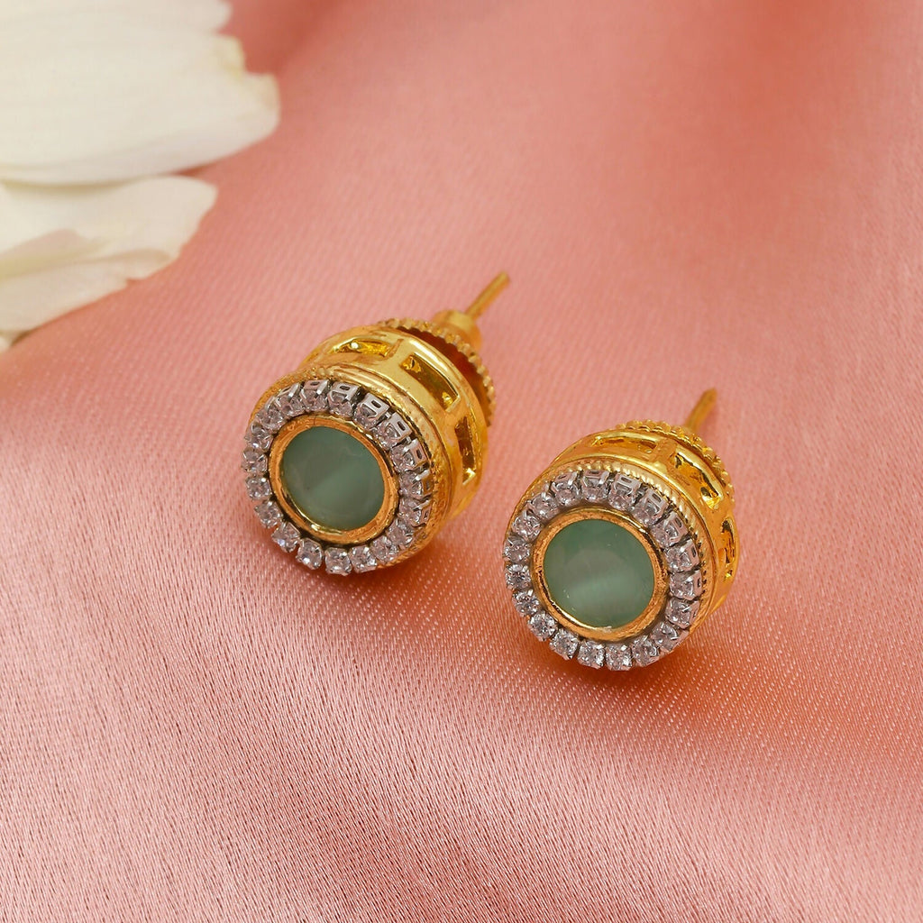 Green Round Daimond and Stone Studs (Green) - Ruby Raang | Grocsy