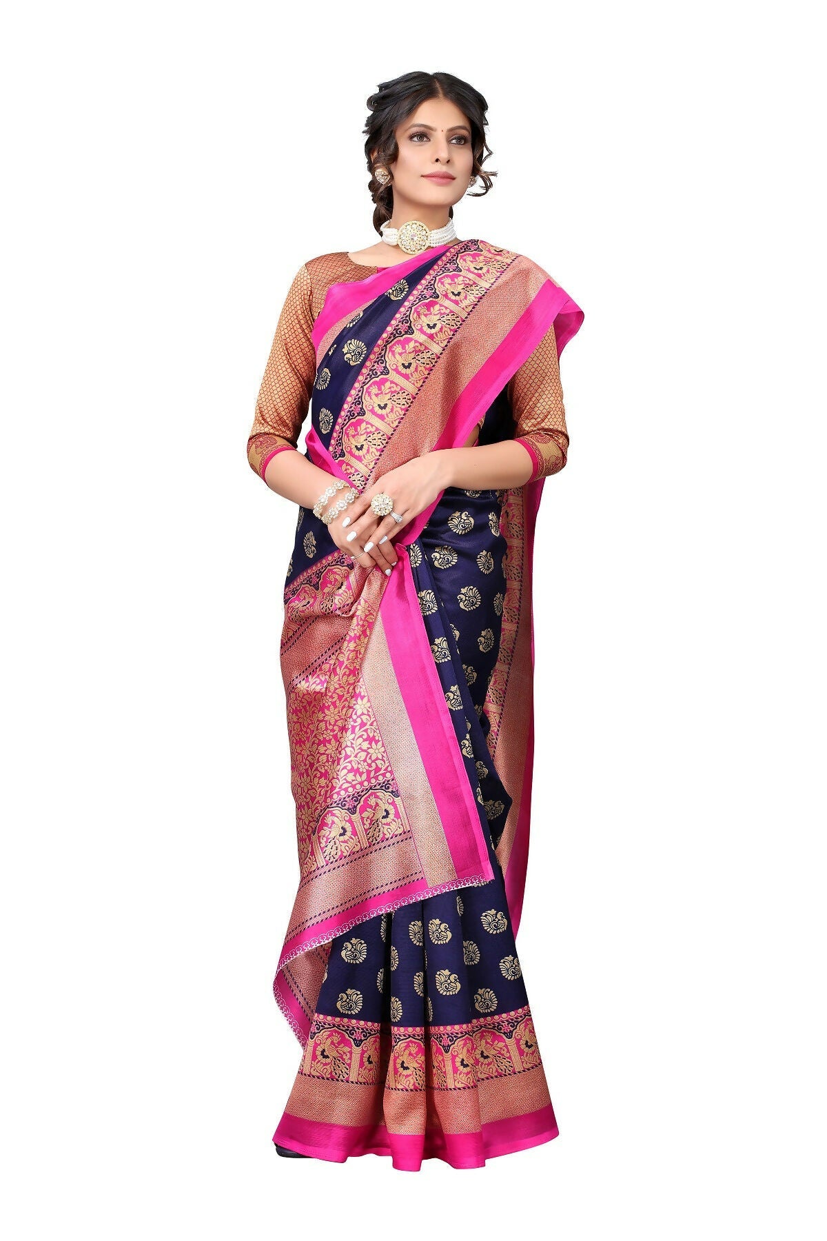 Vamika Navy Blue Printed Art Silk Saree | Grocsy