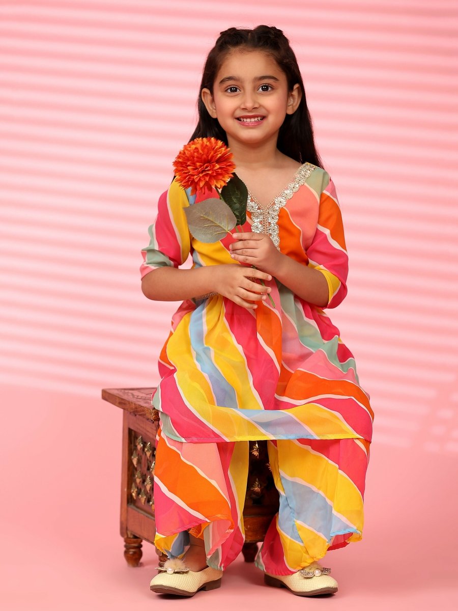 Alakhi Studio Girls Floral Georgette Printed V-Neck Kurta With Sharara - Orange | Grocsy