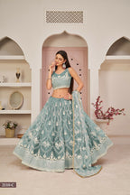 Eilara Women'S Ocean Blue Butterfly Net White Cotton Thread And Zari Sequence Embroidered Work Lehenga Choli For Wedding | Grocsy