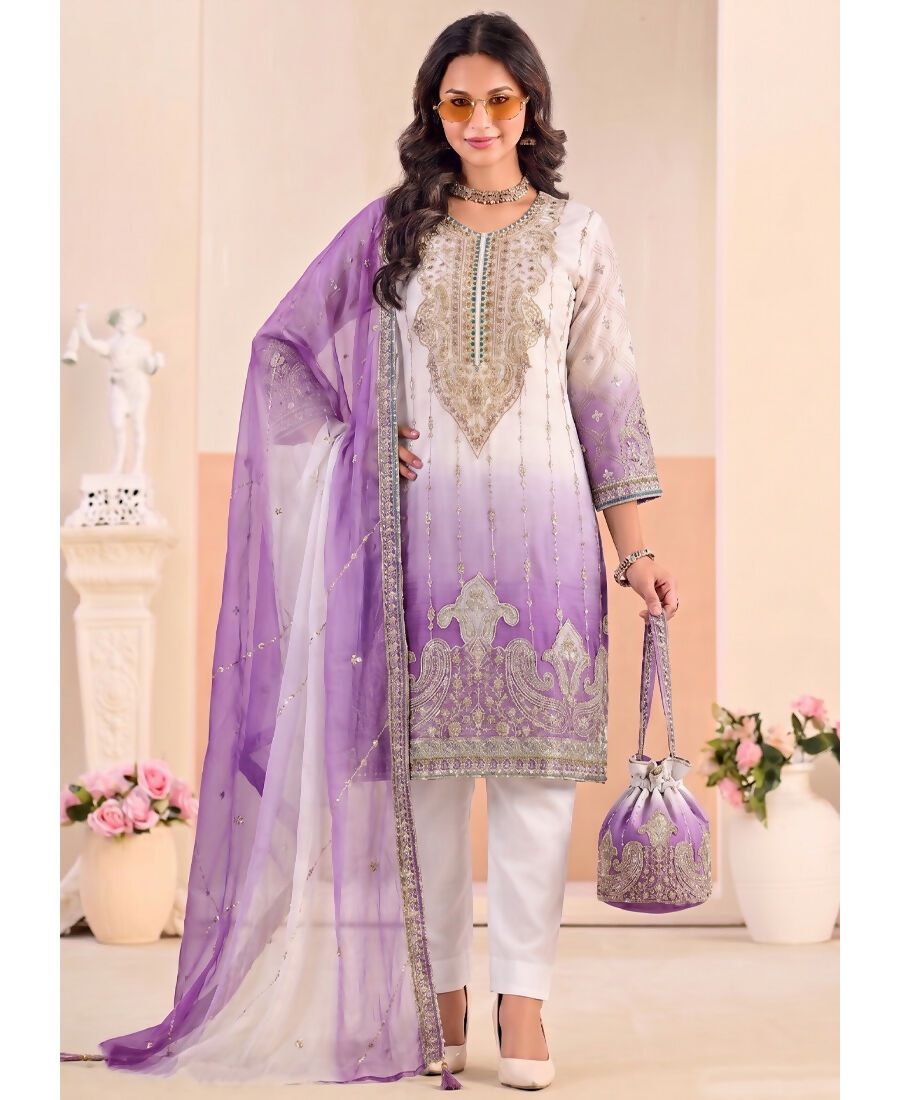 KC Designer Purple Ombre Straight Suit For Women With Hand Embroidery | Grocsy