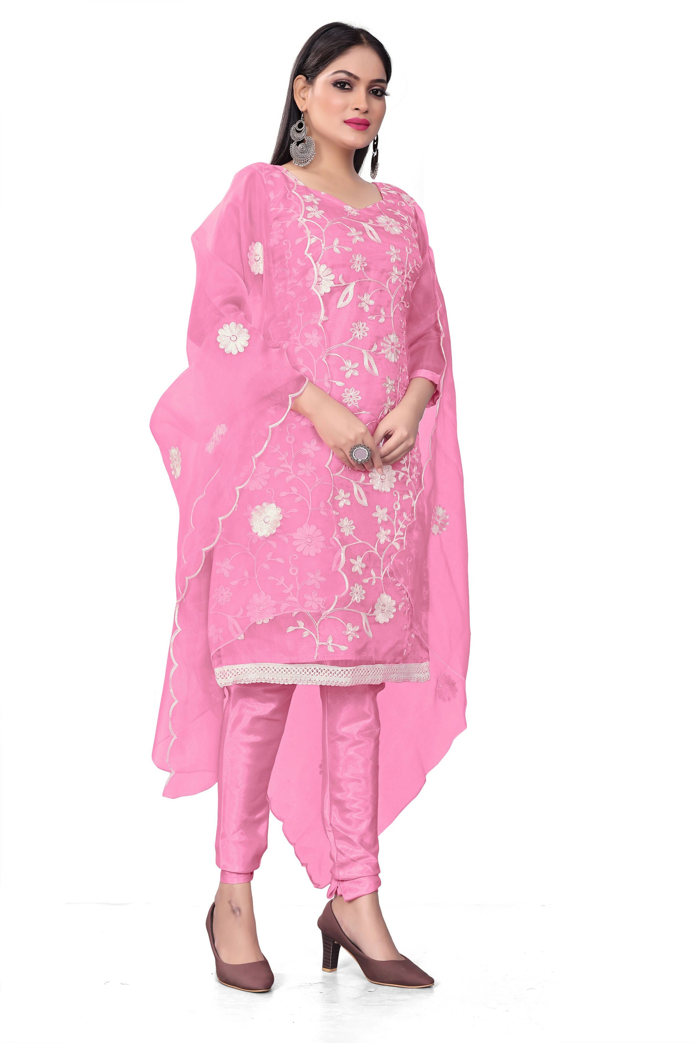 Pink Organza Silk Embroidered Work Unstitched Dress Material - Tanvi | Grocsy