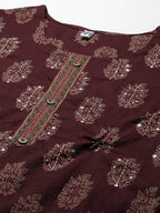 Yufta Women Maroon Ethnic Motifs Regular Sequinned Pure Cotton Kurta with Trouser | Grocsy