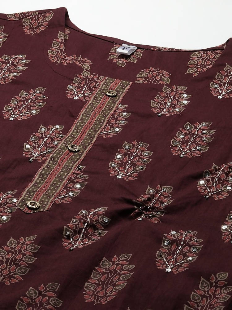 Yufta Women Maroon Ethnic Motifs Regular Sequinned Pure Cotton Kurta with Trouser | Grocsy