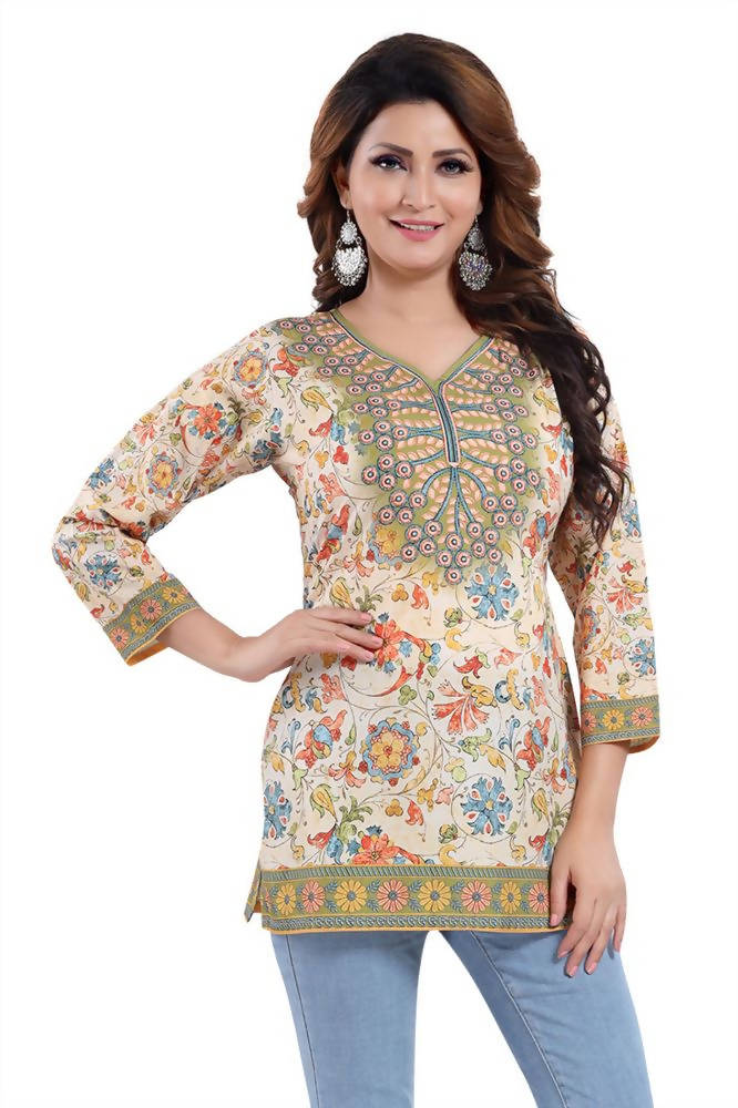 Snehal Creations Elegant Faux Crepe Printed Short Kurti Tunic | Grocsy