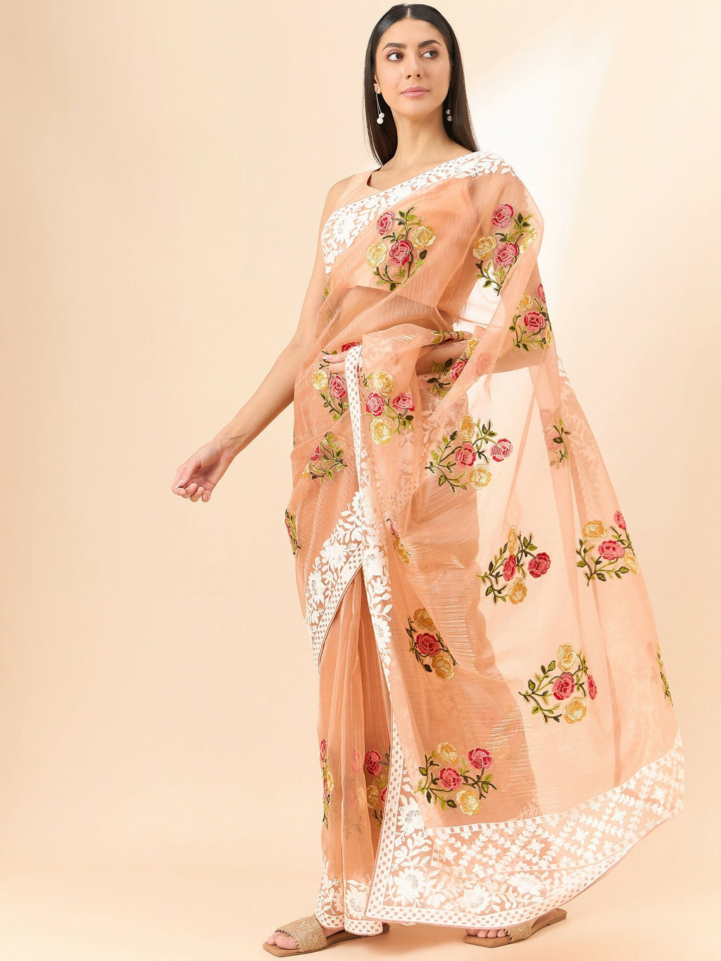 Peach Organza Floral Embroidered Saree with Unstitched Blouse Piece - Roozal | Grocsy