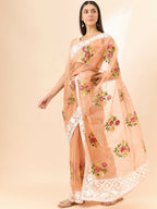 Peach Organza Floral Embroidered Saree with Unstitched Blouse Piece - Roozal | Grocsy