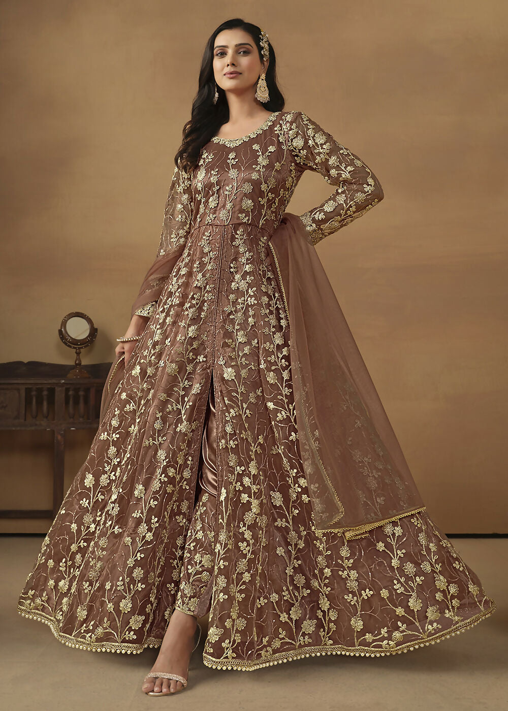 Pant Style Snuff Brown Embroidered Net Wedding Anarkali Suit - Emponline | Grocsy