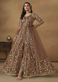 Pant Style Snuff Brown Embroidered Net Wedding Anarkali Suit - Emponline | Grocsy
