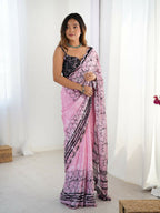 Pink Chinon Designer Digital Printed,Mirror Cut Work Saree - Sohni | Grocsy