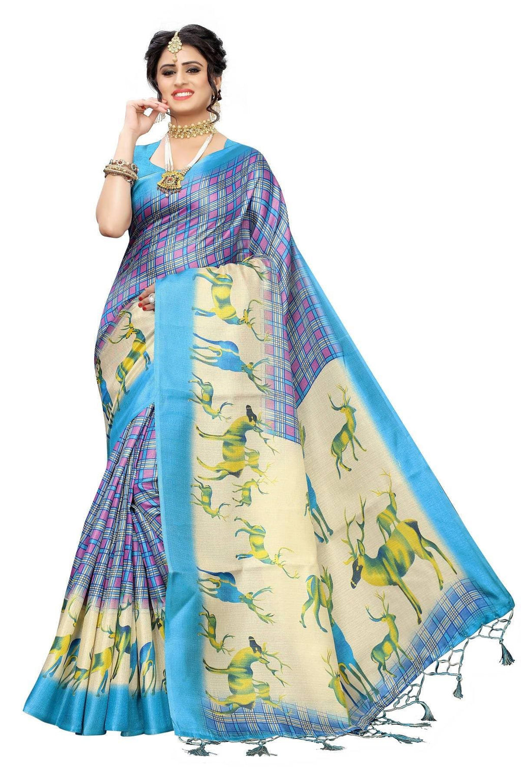 Vamika Multicolor & Sky Blue Kalamkari With Jhalar Khadi Silk Saree | Grocsy