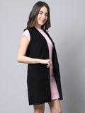 Even Apparels Black Polywool Open Front Corduroy Women's Long Coat | Grocsy