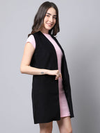 Even Apparels Black Polywool Open Front Corduroy Women's Long Coat | Grocsy