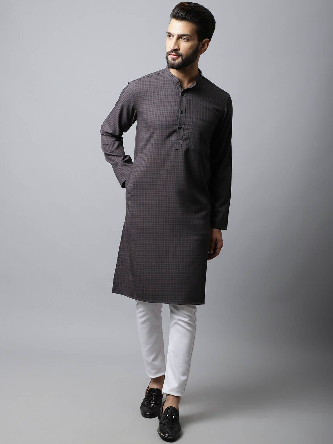 Even Apparels Black Color Pure Cotton Men's Kurta With Band Collar (CHK1166) | Grocsy
