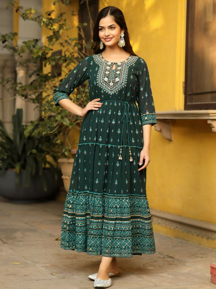 Juniper Green Ethnic Motif Printed Georgette Maxi Dress & Dori With Thread Work | Grocsy