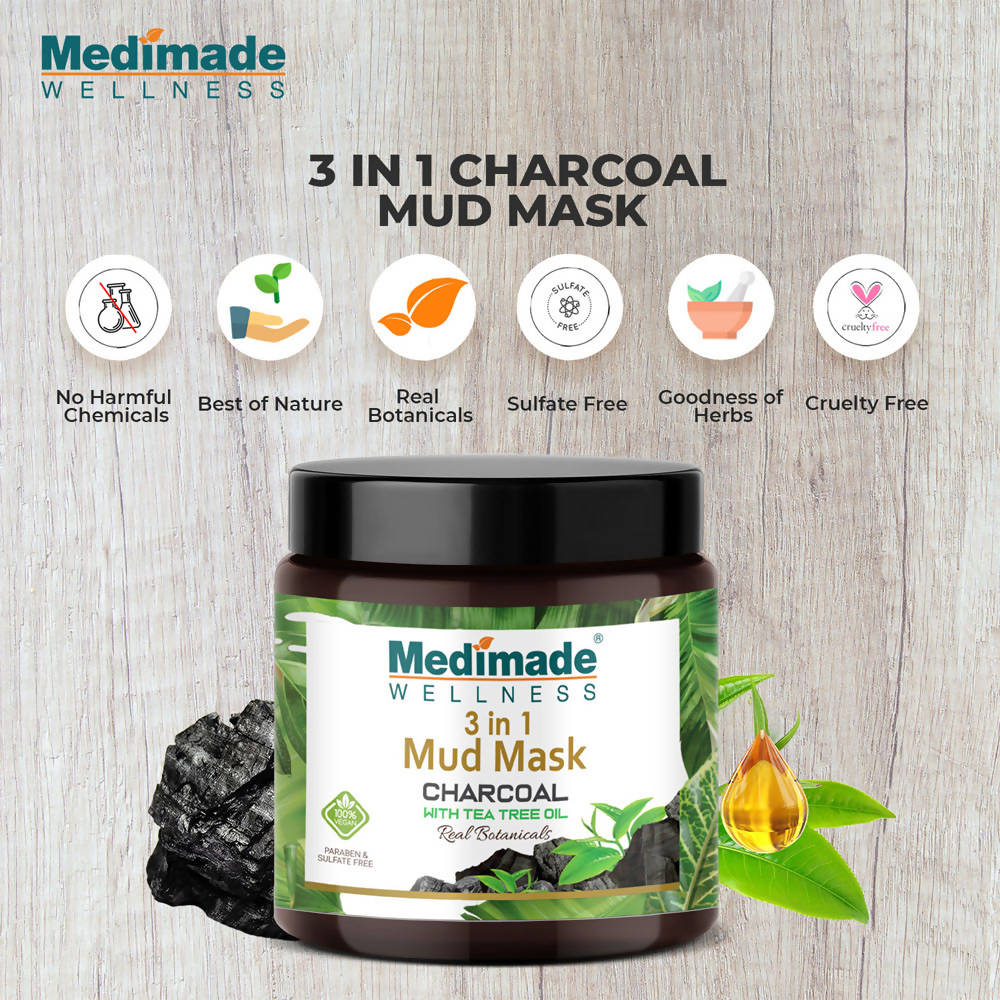 Medimade Wellness 3 in 1 Mud Mask Charcoal with Tea Tree Oil | Grocsy